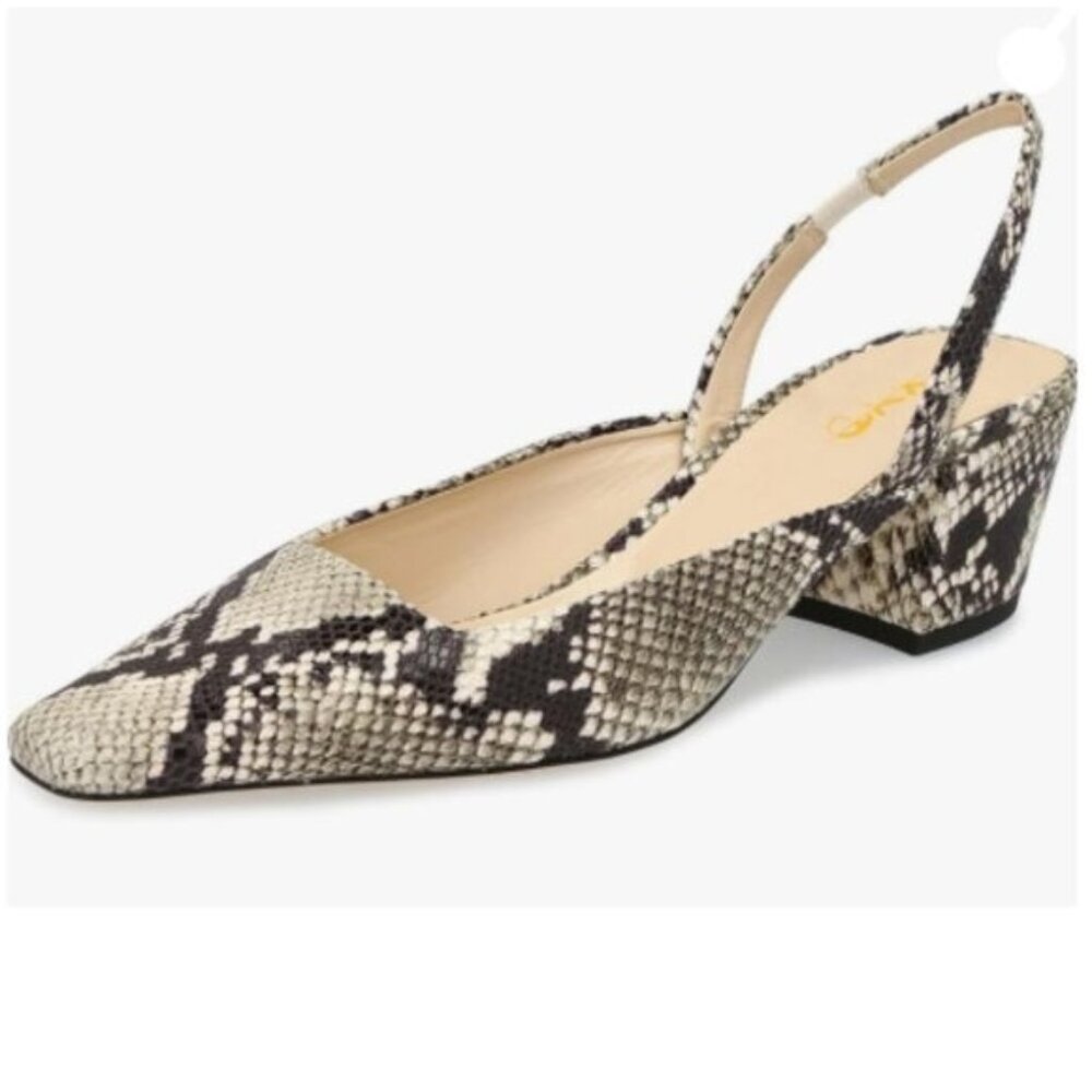 XYD Black/White Snakeskin Print Low Block Heels Slingback Pumps